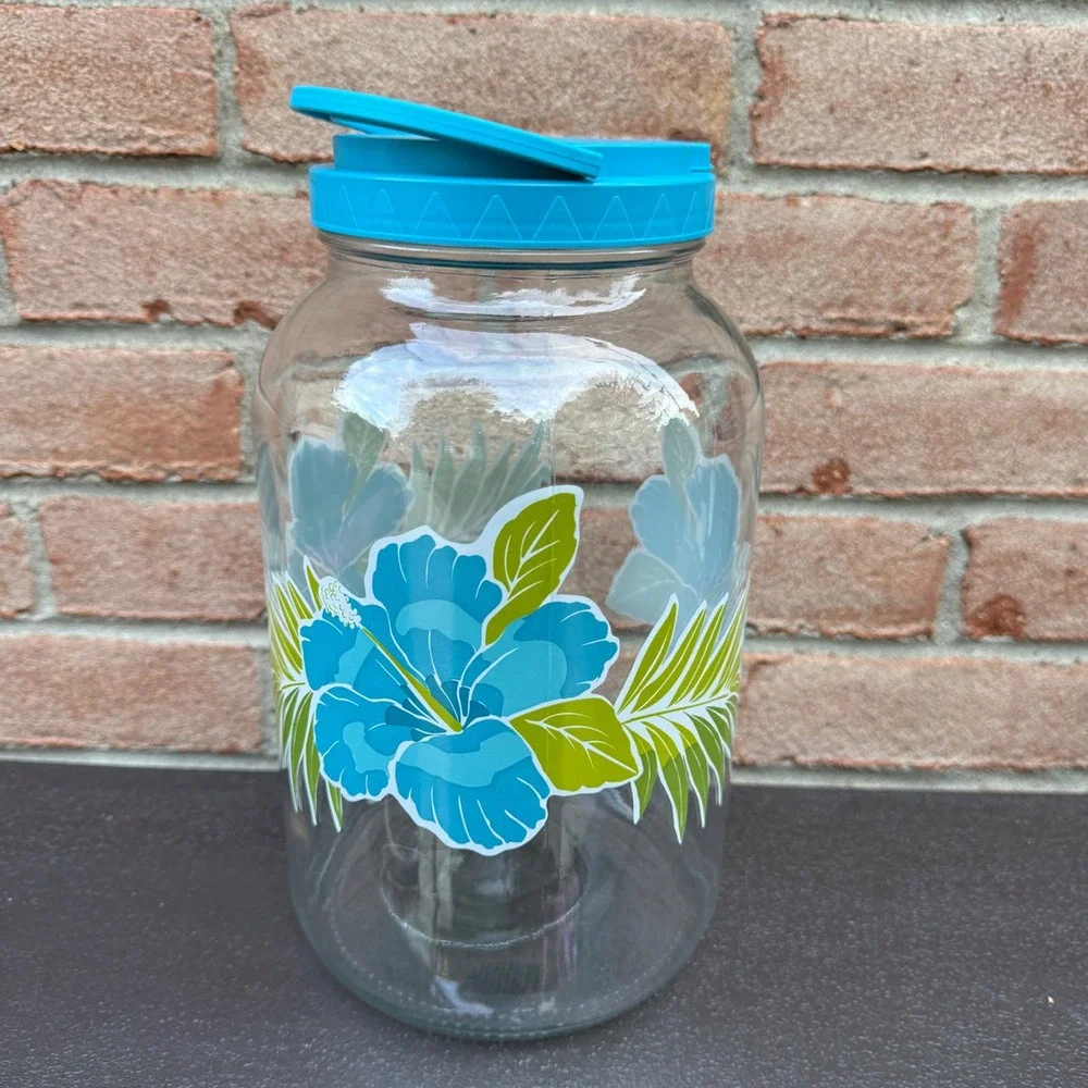 Vintage Blue Hibiscus Glass Sun Tea Jar 1 Gallon Beverage Dispenser Spigot READ